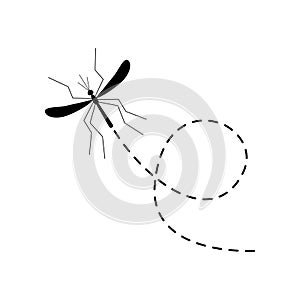Mosquito icon. Mosquitoes flying on a dotted route. Vector illustration
